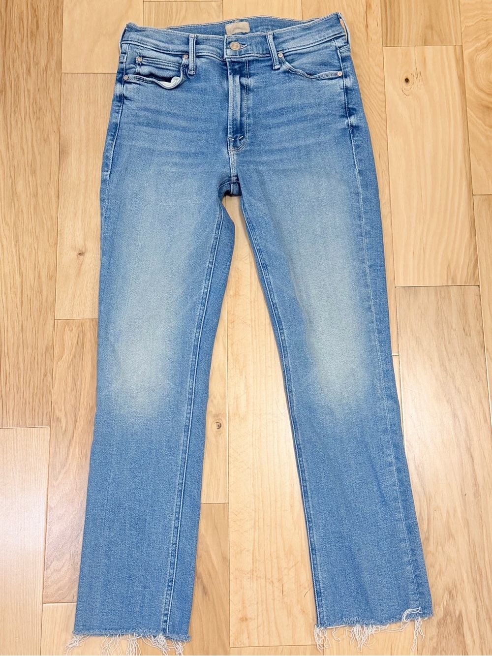 MOTHER Light Blue Frayed Hem Cropped Jeans
